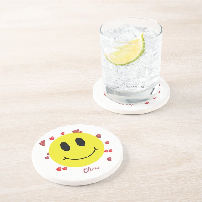 Grin Face with Red Hearts Personalized     Coaster (Side)