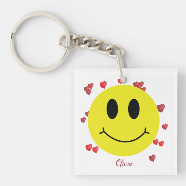Grin Face with Red Hearts Personalized  Keychain (Front)