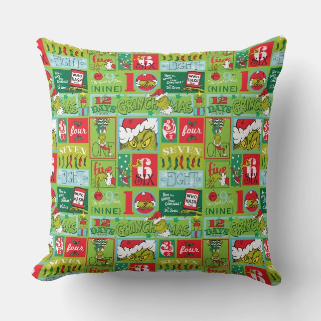 Grinch | 12 Days of Grinchmas Pattern Throw Pillow (Front)