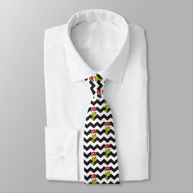 Grinch | Black & White Holiday Chevron Pattern Tie (Tied)