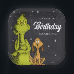 Grinch Chalkboard Birthday Paper Plate<br><div class="desc">Personalize these cute Dr. Seuss Grinch chalkboard plates for your child's 1st birthday.</div>