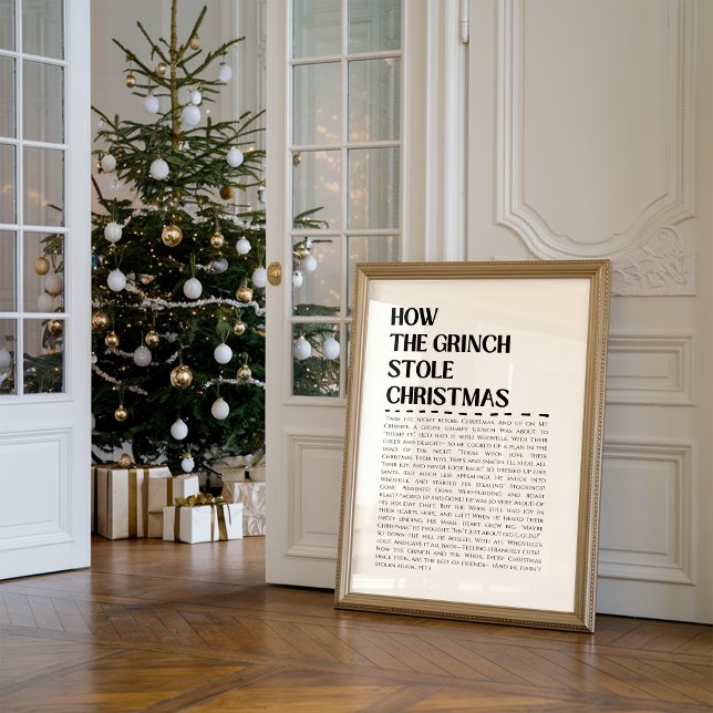 Grinch Christmas Funny Wall Art Print (A framed funny Christmas print titled “How the Grinch stole Christmas” in bold black letters.)