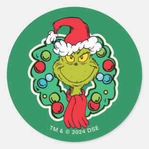 Grinch Christmas Holiday Wreath Classic Round Sticker