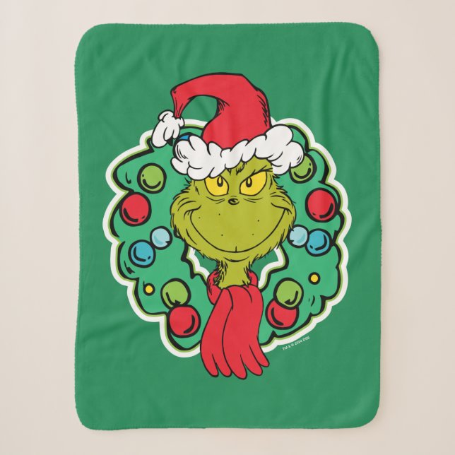 Grinch | Christmas Holiday Wreath Sherpa Blanket (Front)