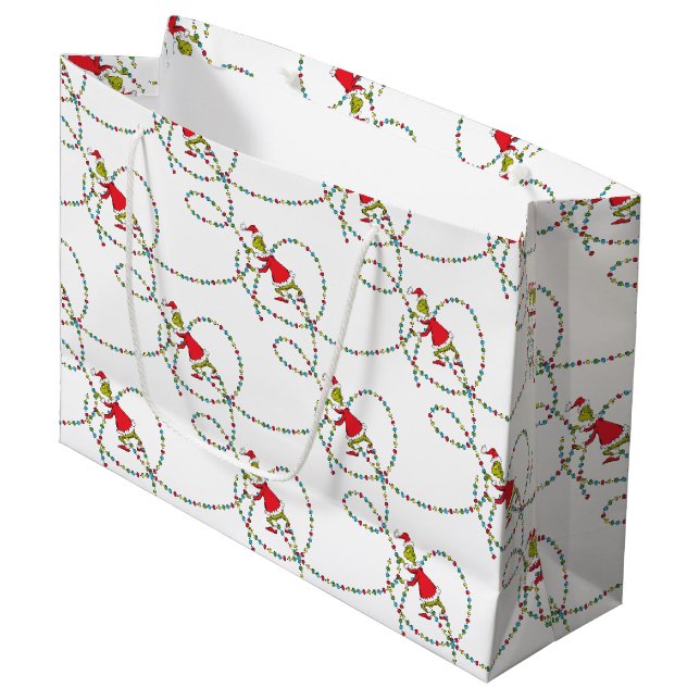 Grinch | Christmas Lights Pattern Large Gift Bag (Front Angled)