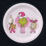Grinch Crew in Pink Valentine's Portrait Paper Plate<br><div class="desc">This delightful illustration brings together the full Grinch crew—the Grinch, Max the Dog, and Cindy Lou Who—in a sweet, non-traditional style! The Grinch is front and center with a mischievous smile, sporting a pink Santa hat and polka dot scarf. He's flanked by Max (in antlers) and Cindy Lou Who (in...</div>