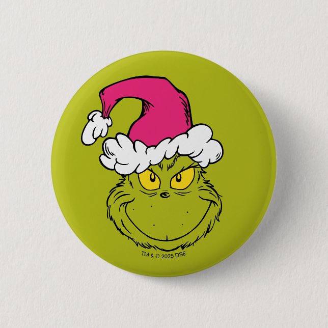 Grinch in Pink Santa Hat 2 Inch Round Button (Front)