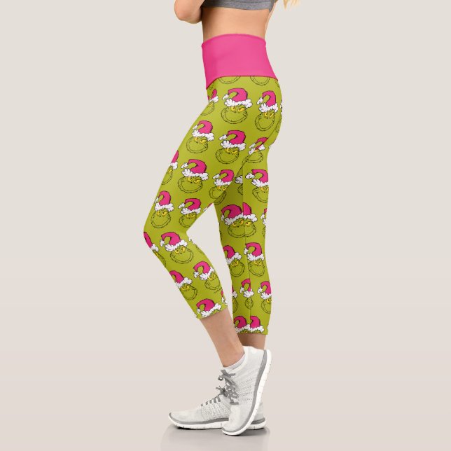 Grinch in Pink Santa Hat Capri Leggings (Left)