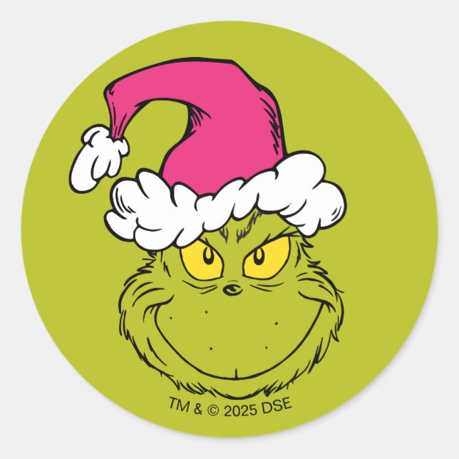 Grinch in Pink Santa Hat Classic Round Sticker (Front)