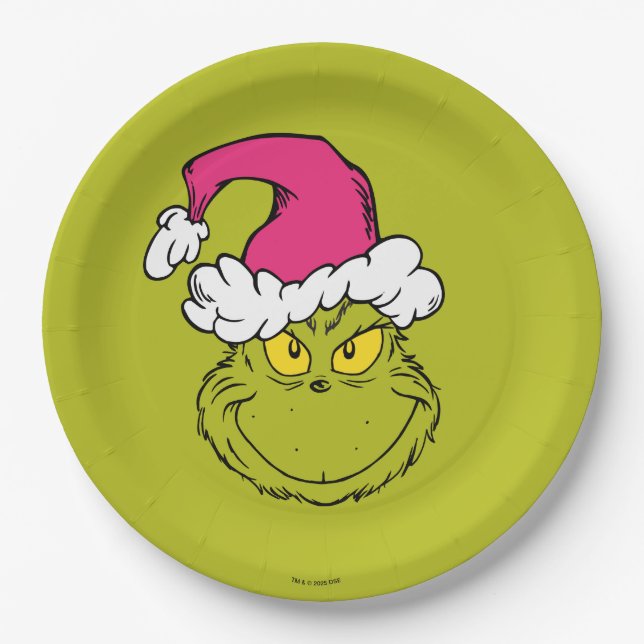 Grinch in Pink Santa Hat Paper Plate (Front)