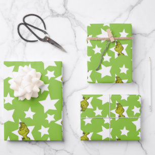 Grinch Peeking Star Pattern Wrapping Paper Sheet