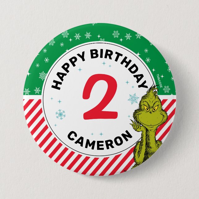 Grinch Red and Green Snowflake Birthday 3 Inch Round Button (Front)