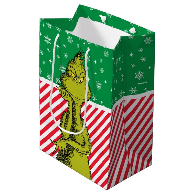 Grinch Red and Green Snowflake Birthday Medium Gift Bag (Front Angled)
