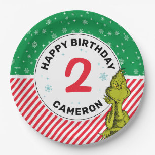Grinch Red and Green Snowflake Birthday Paper Plate