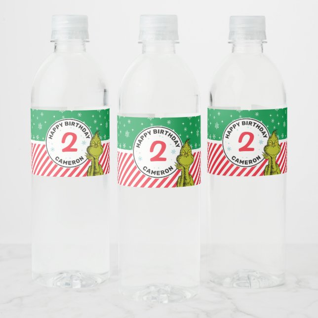 Grinch Red and Green Snowflake Birthday Water Bottle Label (Bottles)