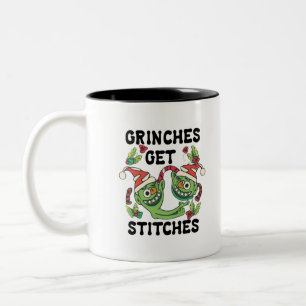 Grinches Get Stitches Christmas Graphic Art Design Two-Tone Coffee Mug