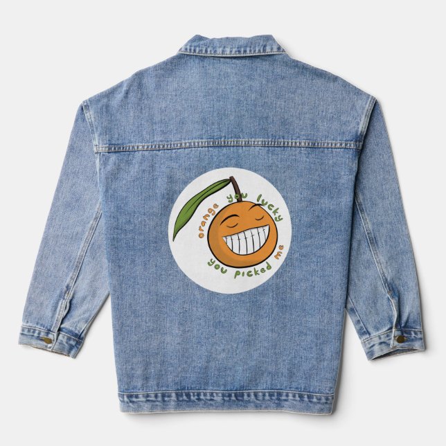 Grinning Cartoon Orange Fruit with Fancy Text Denim Jacket (Back)