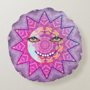 Grinning Moon and Sun, Day & Night sides Round Pillow