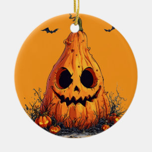 Grinning Pumpkin With a Ghoulish Expression Ceramic Ornament