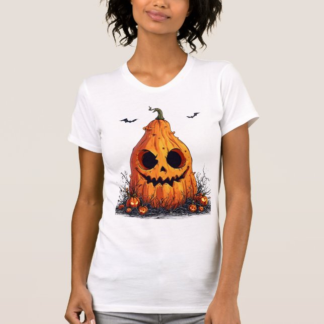 Grinning Pumpkin With a Ghoulish Expression T-Shirt (Front)