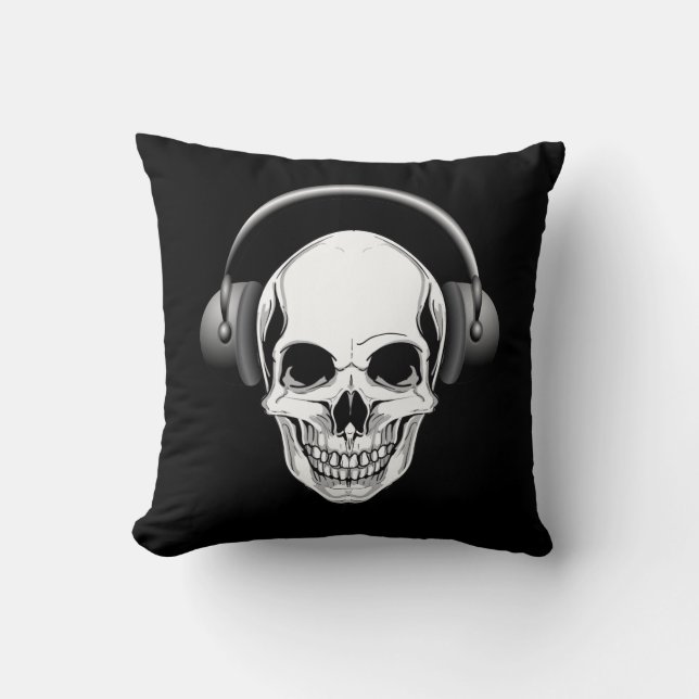 Grinning Skull With Headphones Throw Pillow (Front)