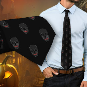 Grinning Skulls Pattern Black Halloween Tie