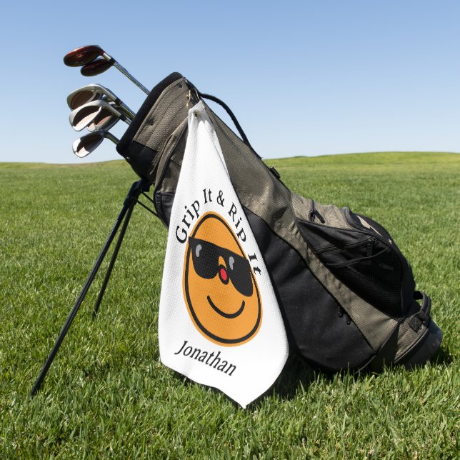 Grip It and Rip It Orange Happy Face Sunglasses Golf Towel (Green)