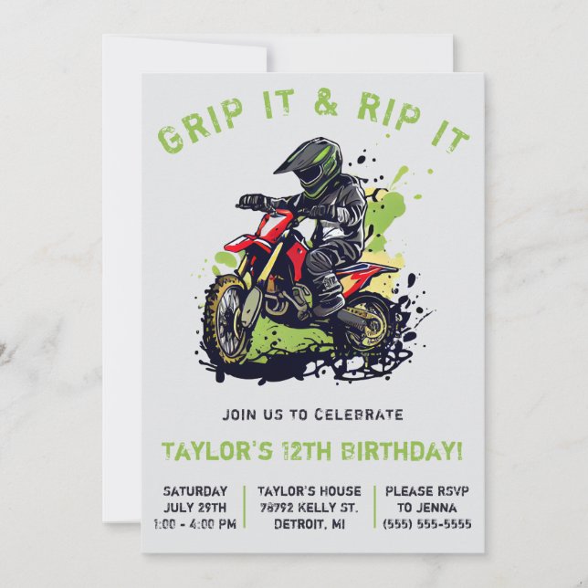 Grip It & Rip It! Motocross, Dirt Bike Birthday  Invitation (Front)