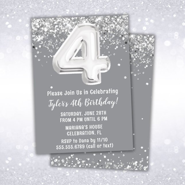 Gris Argent 4e anniversaire Fête Invitation (Créateur téléchargé)
