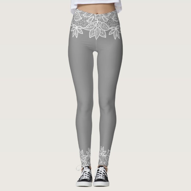 Gris avec la dentelle blanche Look Leggings Spande (Devant)