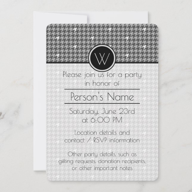 Gris avec Silver Houndstooth Party Invitation (Devant)