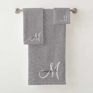 Gris Blanc Monogramme Faux Lin Gris