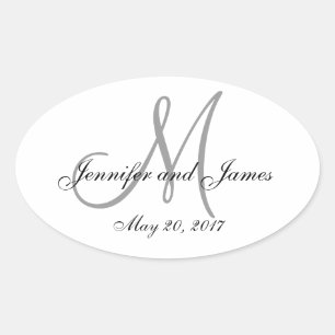 Gris blanc Monogramme Oval Mariage Étiquette