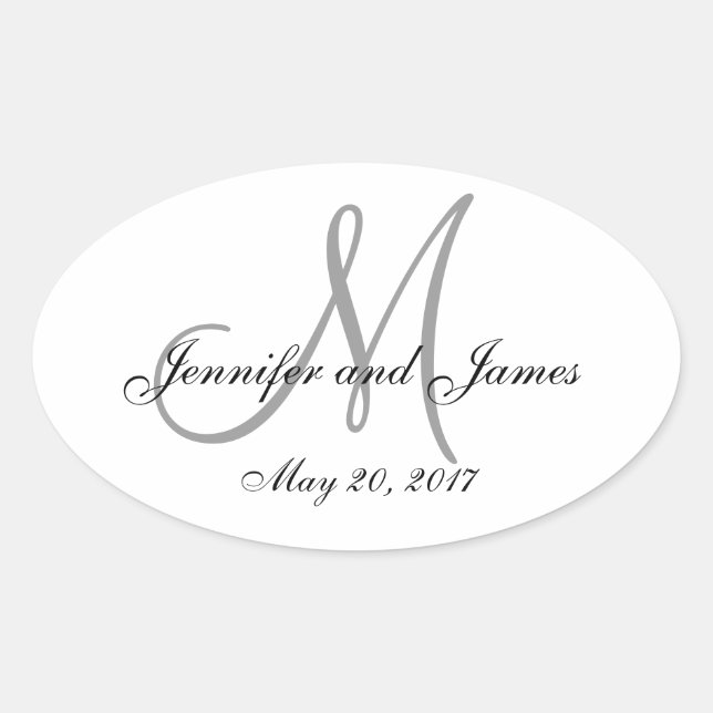 Gris blanc Monogramme Oval Mariage Étiquette (Devant)