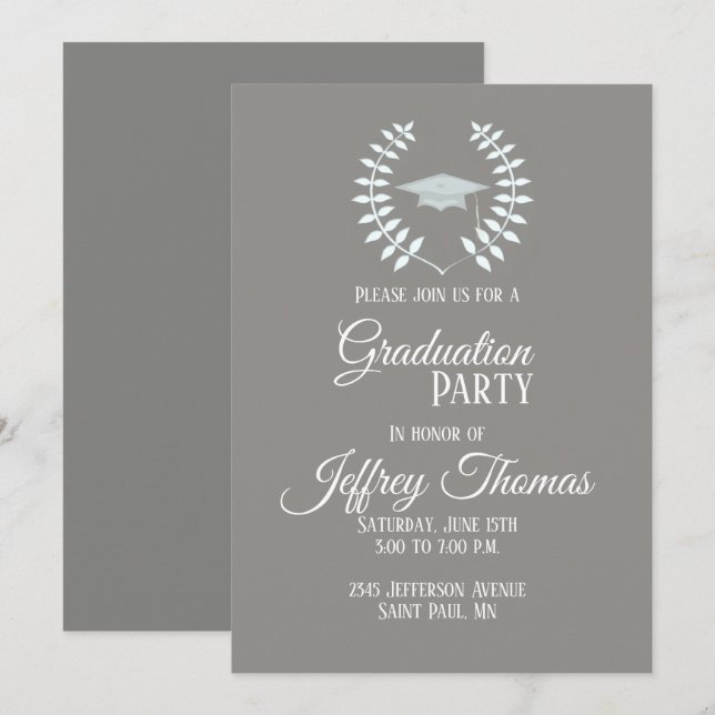 Gris Casquette et Feuille Grad Invitation 5" x 7" (Devant / Derrière)