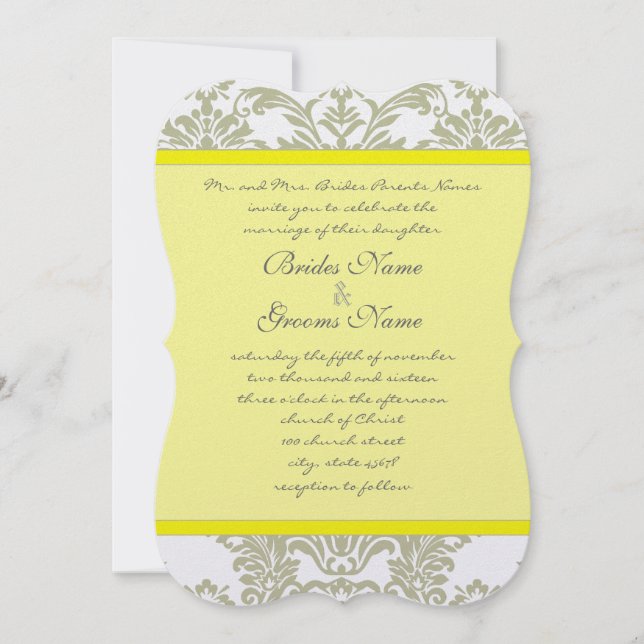 Gris Damas Fils Bight Jaune Faire-part de mariage (Devant)