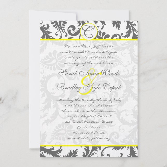 Gris Damas Fils Bight Jaune Faire-part de mariage (Devant)