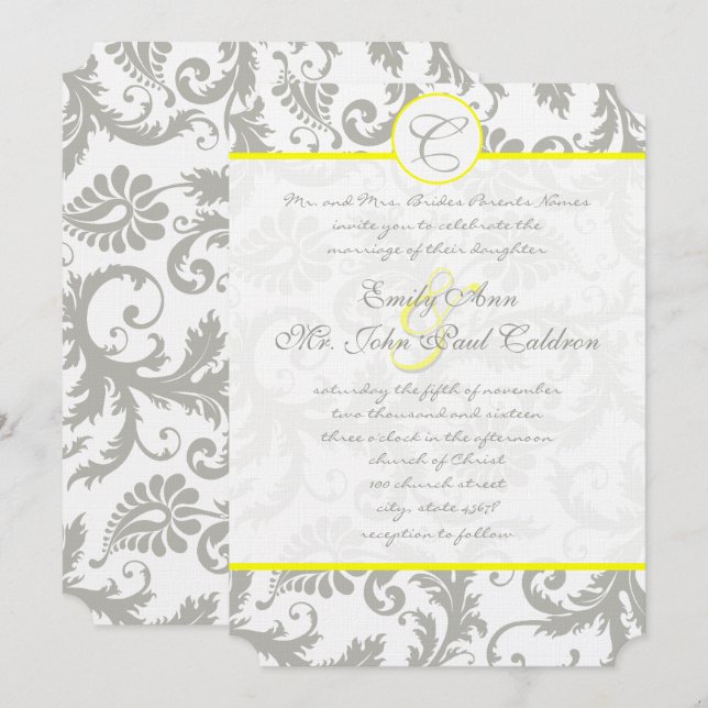 Gris Damas Fils Bight Jaune Faire-part de mariage (Devant / Derrière)