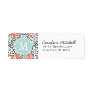Gris et menthe Retro Floral Damask Monogramme pers