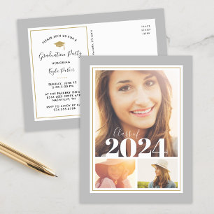 Gris et or 3 Photo Graduation Party Invitation