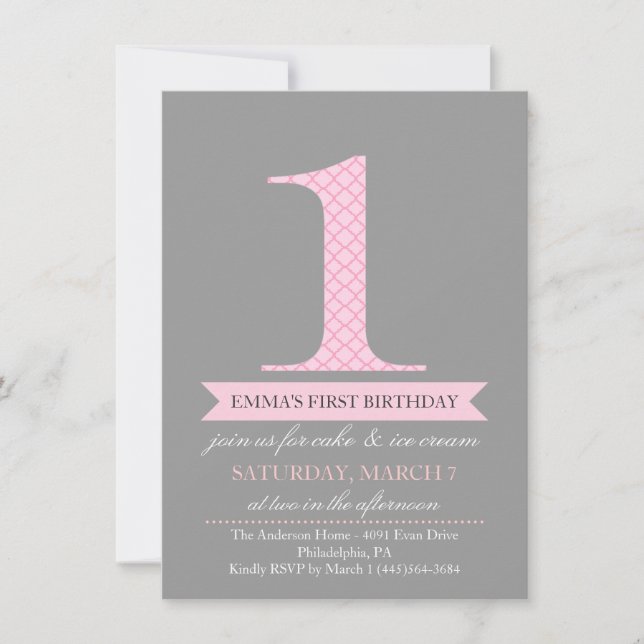 Gris et rose Motif moderne 1 Invitation d'annivers (Devant)