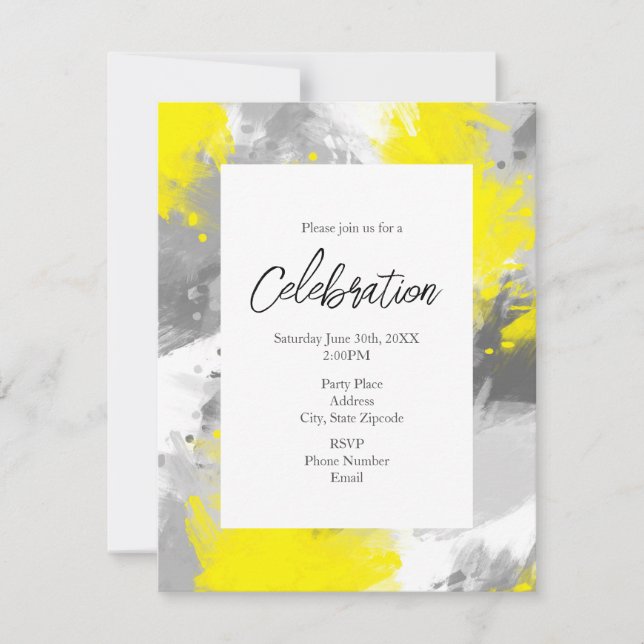 Gris Jaune Abstrait Brushstrokies Invitation (Devant)