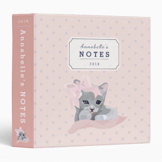 Gris Kitten Gros ruban rose Pink Polka Classeur (Devant/Côté)