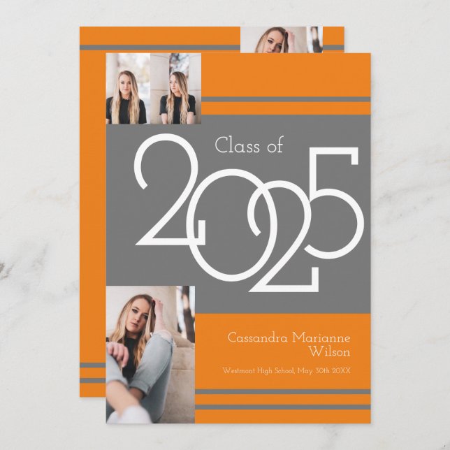 Gris Orange Couleurs de l'école Faire-part de dipl (Devant / Derrière)