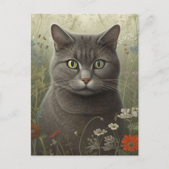 Gris Tom Chat Dans Un Jardin Fleur Carte Postale (Devant)
