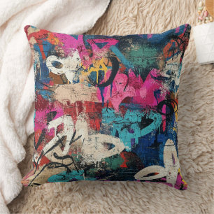 Gritty City Wall Graffiti Pink Blue Black Throw Pillow