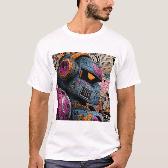 Gritty Graffiti Robot with Headphones — Street Art T-Shirt (Front)
