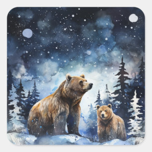Grizzly Bear and Baby Square Sticker
