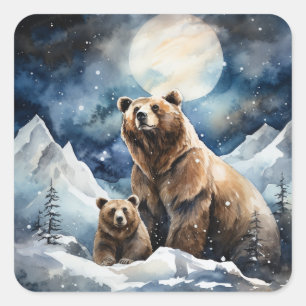 Grizzly Bear and Baby Square Sticker