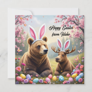 Grizzly bear and ibex with rabbit ears holiday card